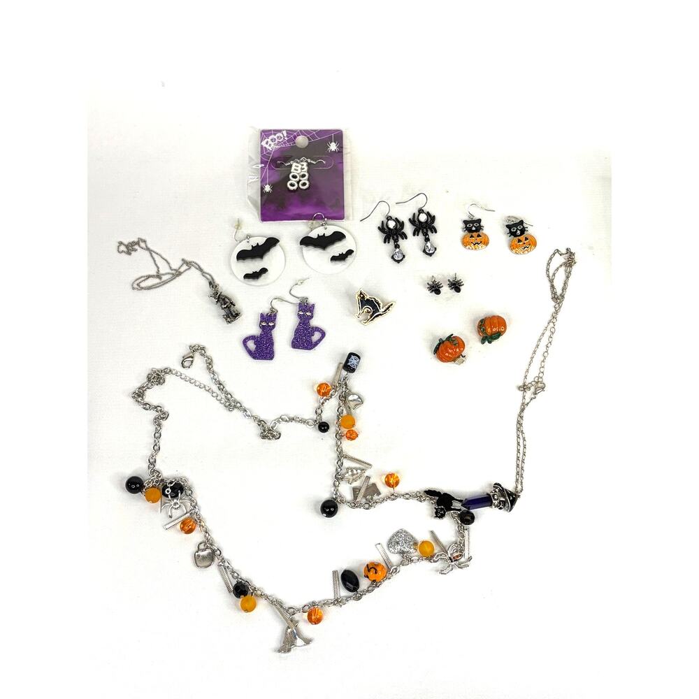 Halloween Jewelry Lot Earrings Necklaces Pin 10+ Pieces Bats Cat Pumpkin Spiders